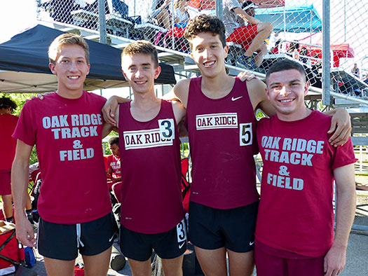 Pictured above is the Oak Ridge boys 4x800-meter relay team, which qualified for the 2017 TSSAA State Track Meet during the Class AAA Section 1 Finals at Hardin Valley Academy on Saturday, May 13, 2017. From left are junior Reid Dukes, senior Jake Etheridge, and juniors Jose Villegas and Will Jeter. (Photo by John Huotari/Oak Ridge Today)