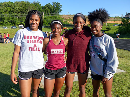 Pictured above is the Oak Ridge girls 4x200-meter relay team, which qualified for the 2017 TSSAA State Track Meet during the Class AAA Section 1 Finals at Hardin Valley Academy on Saturday, May 13, 2017. From left are sophomore Shatyrah Copeland, senior Breanne Young, junior Desiree Bates, and sophomore Makiya Garrett. (Photo by John Huotari/Oak Ridge Today)