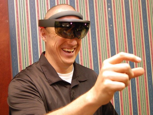 Wearing the high-tech HoloLens, Roane State director of EMS programs David Blevins manipulates a hologram as part of a cutting-edge program that's being used as a new way of teaching students studying anatomy and physiology. (Photo by Roane State)