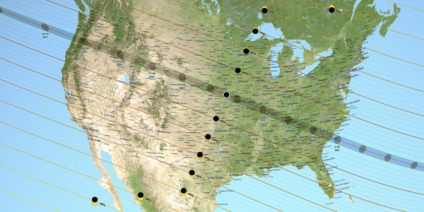 A map of the United States showing the path of totality for the total solar eclipse on Aug. 21, 2017. (Image courtesy NASA)
