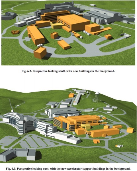 The proposed new buildings for the second target station on the east end of the Spallation Neutron Source campus on Chestnut Ridge at Oak Ridge National Laboratory. (Image by ORNL)