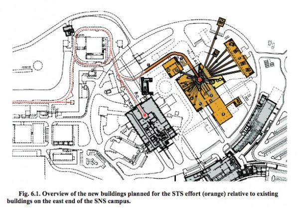 An overview of the new buildings planned for the second target station on the east end of the Spallation Neutron Source campus on Chestnut Ridge at Oak Ridge National Laboratory. (Image by ORNL)