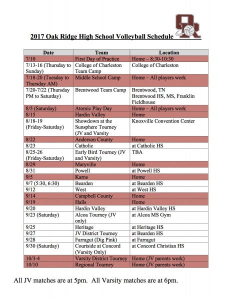 2017 Oak Ridge High School Volleyball Schedule