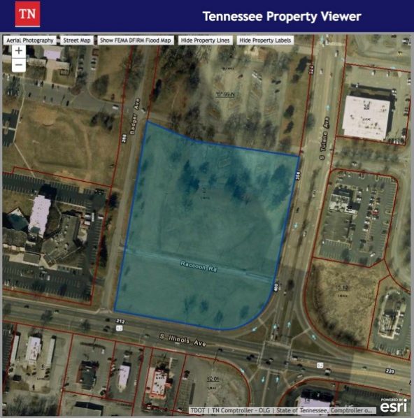 The 7.44-acre parcel outlined in red above could be rezoned and allow commercial development south of the American Museum of Science and Energy on South Tulane Avenue. (Image courtesy State of Tennessee)