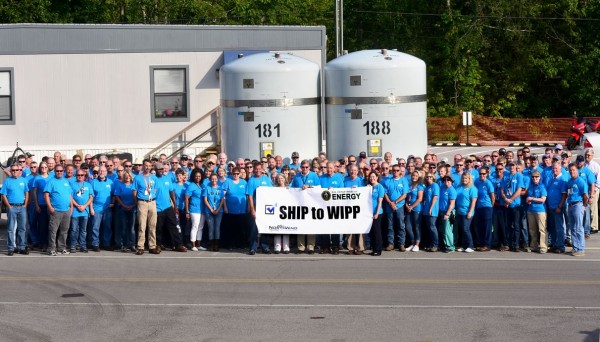 For the first time since 2012, processed and treated transuranic waste is leaving Oak Ridge’s Transuranic Waste Processing Center for permanent disposal at the Waste Isolation Pilot Plant near Carlsbad, New Mexico. Employees celebrate in the photo above. (Photo courtesy U.S. Department of Energy Oak Ridge Office of Environmental Management)