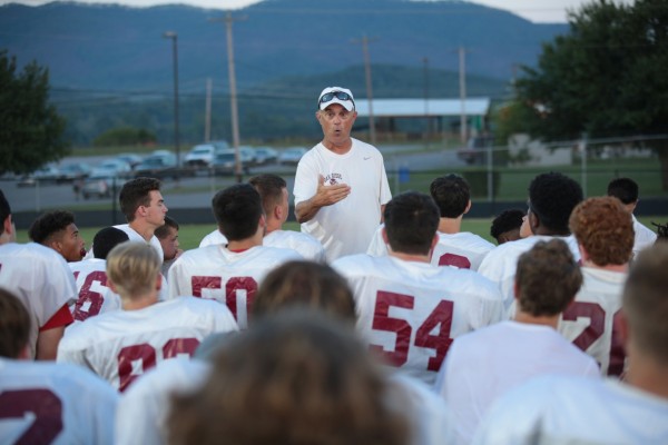 Oak Ridge had an opening football scrimmage at Heritage High School in Blount County on Monday, July 31, 2017. Above, Oak Ridge Coach Joe Gaddis talks to the Wildcats. (Photos by Luther Simmons)