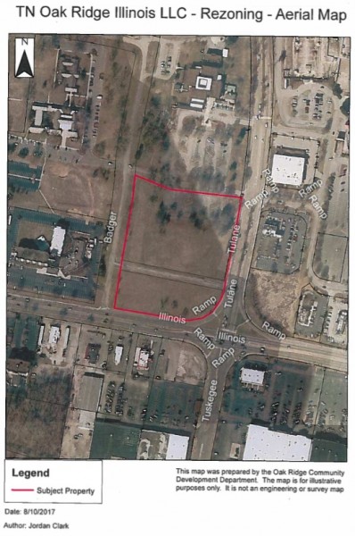 The southern 7.44-acre parcel that could be rezoned and was part of the 17-acre American Museum of Science and Energy site is outlined above in red. (Image courtesy City of Oak Ridge)