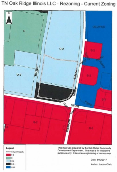 The current zoning at and around the 7.44-acre parcel that is south of the American Museum of Science and Energy is pictured above. (Image courtesy City of Oak Ridge)