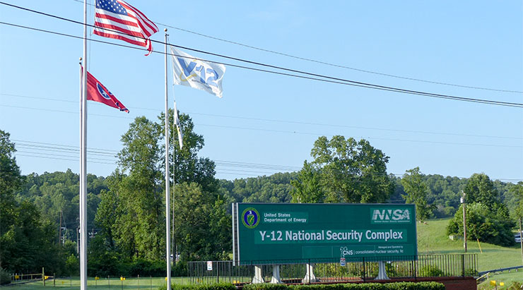 The sign at the main entrance to the Y-12 National Security Complex is pictured above on Sunday, Aug. 6, 2017. (Photo by John Huotari/Oak Ridge Today)