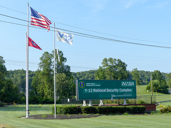 The sign at the main entrance to the Y-12 National Security Complex is pictured above on Sunday, Aug. 6, 2017. (Photo by John Huotari/Oak Ridge Today)