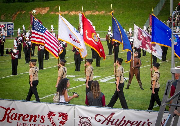 The Oak Ridge High School Navy Junior ROTC (Reserve Officers’ Training Corps) Color Guard is pictured above on Blankenship Field at the Oak Ridge-West football game on Friday, September 15, 2017. (Photo by Linda Ripley)