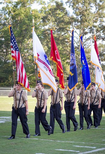 The Oak Ridge High School Navy Junior ROTC (Reserve Officers’ Training Corps) Color Guard is pictured above on Blankenship Field at the Oak Ridge-West football game on Friday, September 15, 2017. (Photo by Linda Ripley)