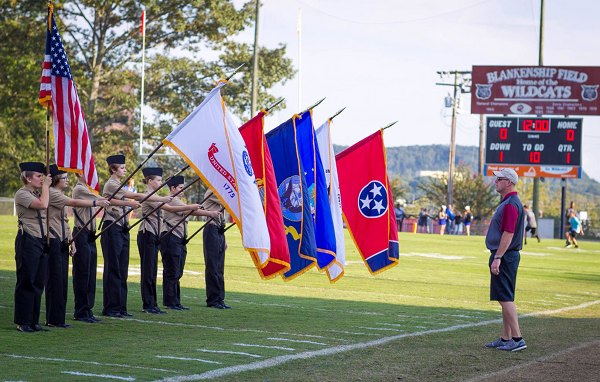 The Oak Ridge High School Navy Junior ROTC (Reserve Officersâ€™ Training Corps) Color Guard is pictured above on Blankenship Field at the Oak Ridge-West football game on Friday, September 15, 2017. (Photo by Linda Ripley)