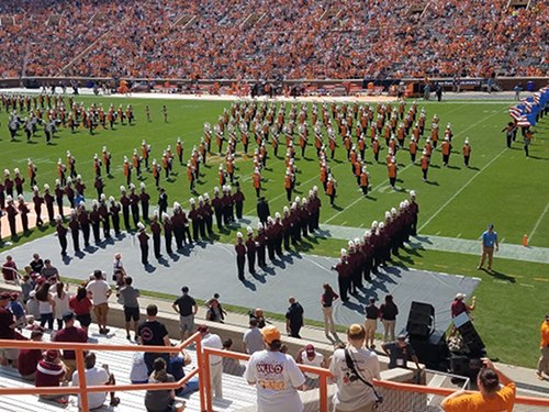 The Oak Ridge High School Wildcat Marching Band performs with the Pride of the Southland Band on Saturday, Sept. 23, 2017, at the University of Tennessee and UMass football game. (Photo courtesy Jutta Bangs)