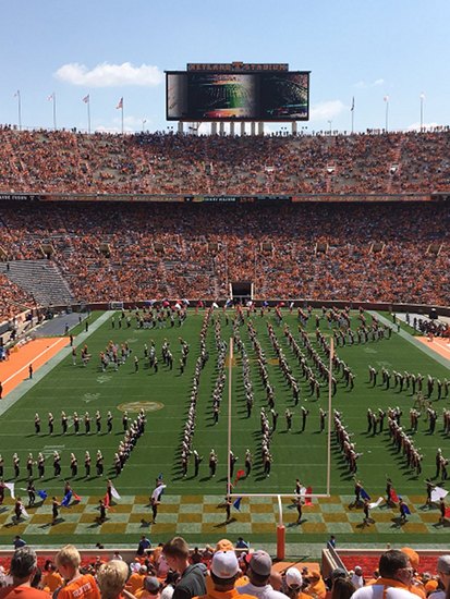 The Oak Ridge High School Wildcat Marching Band performs with the Pride of the Southland Band and the Elizabethton Band on Saturday, Sept. 23, 2017, at the University of Tennessee and UMass football game. (Photo courtesy Danny L. Weeks)