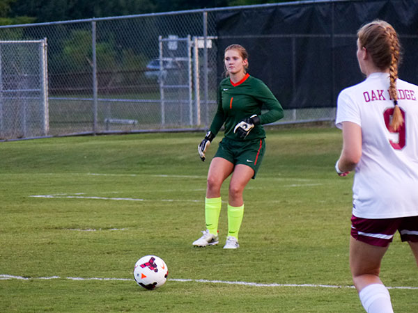 Pictured above during a 3-1 win over Grace Christian at Oak Ridge High School on Tuesday, Aug. 29, 2017, is junior goalkeeper Laura Snyder (1). (Photo by John Huotari/Oak Ridge Today)