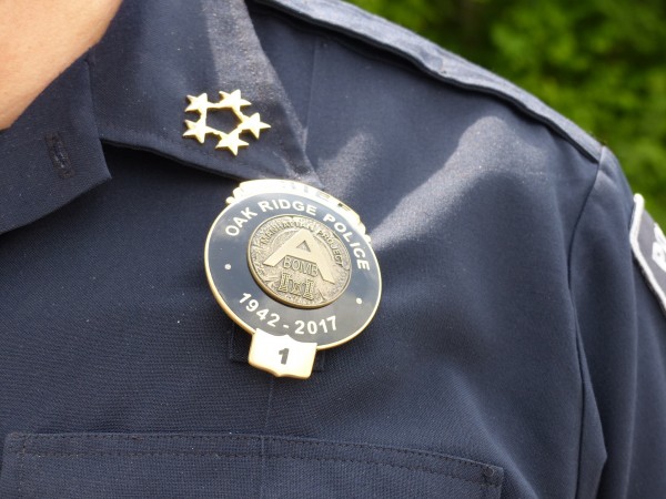 Oak Ridge Police Chief Jim Akagi wears an "A Pin" police badge on April 28, 2017. (Photo by John Huotari/Oak Ridge Today)