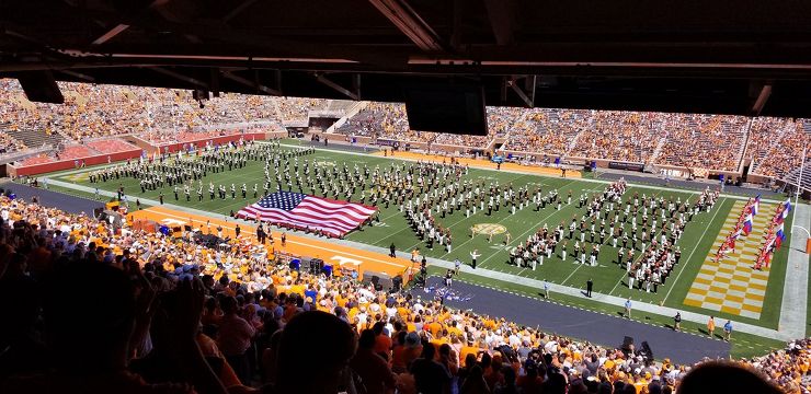 The Oak Ridge High School Wildcat Marching Band performs with the Pride of the Southland Band on Saturday, Sept. 23, 2017, at the University of Tennessee and UMass football game. (Photo courtesy ORHS Counseling)