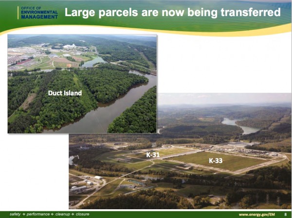 Large parcels being transferred or already transferred at East Tennessee Technology Park, also known as Heritage Center or the former K-25 site, are the K-31/K-33 area and Duct Island. The image above comes from a presentation on Oct. 11, 2017, by Dave Adler by the U.S. Department of Energy's Oak Ridge Office of Environmental Management to the Oak Ridge Site Specific Advisory Board.