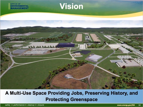 The vision for what East Tennessee Technology Park could eventually look like. Demolition work on the five large gaseous diffusion uranium-enriching buildings—K-25, K-27, K-29, K-31, and K-33—was completed in August 2016. The environmental cleanup at ETTP, once used to enrich uranium for atomic weapons and commercial nuclear power plants, is expected to be finished in 2020. The image above comes from a presentation on Oct. 11, 2017, by Dave Adler by the U.S. Department of Energy's Oak Ridge Office of Environmental Management to the Site Specific Advisory Board.