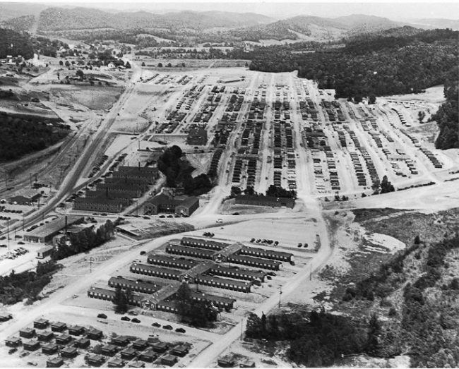 An early aerial photo of Happy Valley, a construction camp that was like a small city and used to help build the former K-25 in west Oak Ridge. This picture was taken May, 22, 1944, by Ed Westcott, the official government photographer in Oak Ridge during World War II. (Photo courtesy Ed Westcott/Emily Hunnicutt)