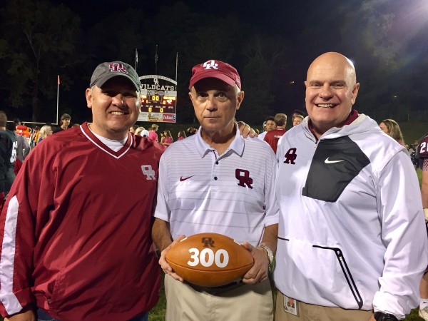 Oak Ridge Coach Joe Gaddis had his 300th football coaching win when the Wildcats beat Clinton 42-6 on Blankenship Field on Friday, Oct. 13, 2017. Gaddis, center, is pictured above with Oak Ridge High School Principal Martin McDonald, left, and ORHS Athletic Director Mike Mullins. (Photo courtesy Martin McDonald)