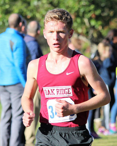 Pictured above is Oak Ridge junior Dalton Morgan, who finished sixth in the boys 5,000-meter cross country race in the Region 2 Large Division Championships at Victor Ashe Park in Knoxville on Thursday, Oct. 26, 2017. (Photo by Maddie Zawisza)