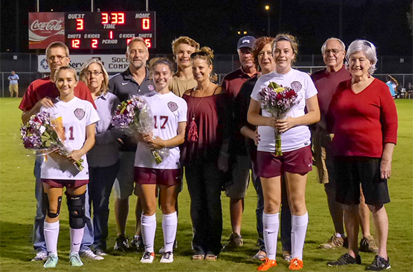 Seniors on the Oak Ridge girls' soccer team are pictured above on Senior Night on Thursday, Sept. 28, 2017, with family members. From left they are Alex Rouse (11), Zoe Van Hook (17), and Katie Roach (6). (Photo by John Huotari/Oak Ridge Today)