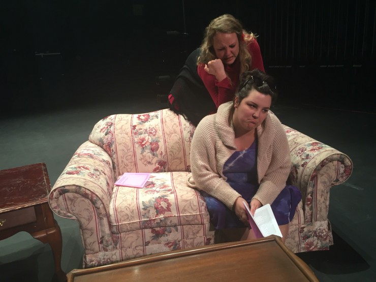 Roane State Playmakers Shelby Stout as Olive Madison, back, and Courtney Briley as Florence Unger, front, rehearse for upcoming performances of 'The Odd Couple,' Nov. 10-12 and Nov. 17-19, 2017, at the college’s main campus in Harriman. (Photo by Roane State)