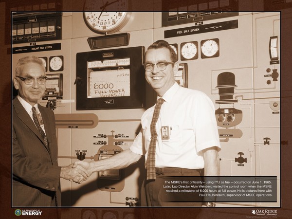 The MSRE's first criticality, using U-235 as fuel, occurred on June 1, 1965. Later, Lab Director Alvin Weinberg visited the control room when the MSRE reached a milestone of 6,000 hours at full power. He is pictured here with Paul Haubenreich, supervisor of MSRE operations. (Photo courtesy U.S. Department of Energy/Oak Ridge National Laboratory)