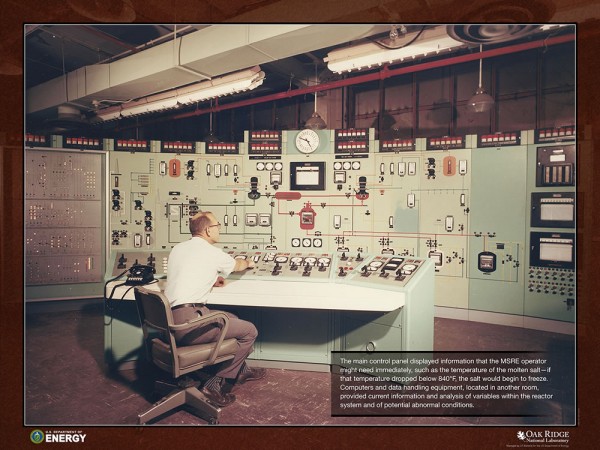 The main control panel displayed information that the MSRE operator might need immediately, such as the temperature of the molten salt. If that temperature dropped below 840 degrees F, the salt would begin to freeze. Computers and data handling equipment, located in another room, provided current information and analysis of variables within the reactor system and of potential abnormal conditions. (Photo courtesy U.S. Department of Energy/Oak Ridge National Laboratory)