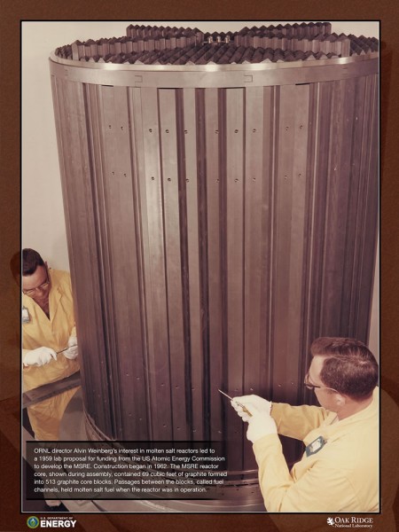 ORNL Director Alvin Weinberg's interest in molten salt reactors led to a 1959 lab proposal for funding from the U.S. Atomic Energy Commission to develop the MSRE. Construction began in 1962. The MSRE reactor core, shown during assembly, contained 69 cubic feet of graphite formed into 513 graphite core blocks. Passages between the blocks, called fuel channels, held molten salt fuel when the reactor was in operation. (Photo courtesy U.S. Department of Energy/Oak Ridge National Laboratory)