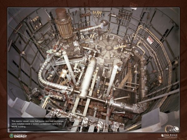 The reactor vessel, core, fuel pump, and heat exchanger were installed inside a system containment tank in the MSRE building. (Photo courtesy U.S. Department of Energy/Oak Ridge National Laboratory)