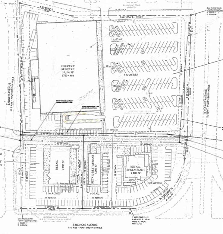A rezoning map for an Oak Ridge Municipal Planning Commission meeting on Thursday, Oct. 19, 2017, shows that a grocery or large retail store could be built on the 7.4 acres south of American Museum of Science and Energy. The map also shows three smaller retailers or restaurants are possible. AMSE is to the north of the proposed grocery or large retail building.