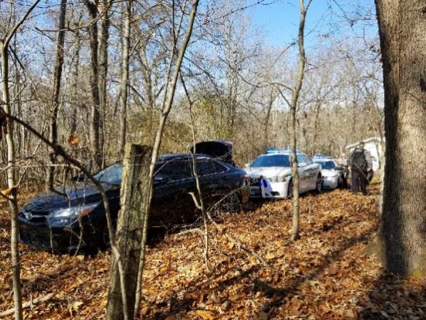 Two people were arrested after a car chase that started in Claxton and passed through Oak Ridge, Clinton, and parts of Anderson County before ending on Cox Lane on Saturday, Dec. 2, 2017. (Photo by Anderson County Sheriff's Department)