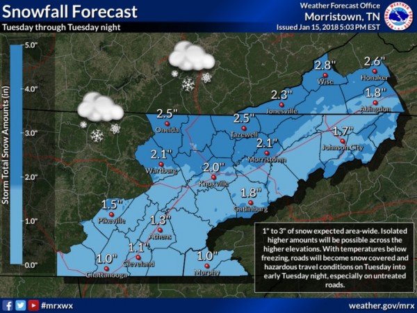 An arctic cold front will move across the Tennessee Valley and southern Appalachians Tuesday, bringing with it accumulating snow and frigid temperatures. Snowfall of 1 to 3 inches is expected Tuesday into early Tuesday night, Jan. 16, 2018. Please stay tuned to the latest forecast for further updates. (Image by National Weather Service in Morristown)
