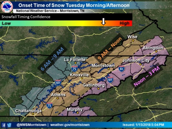 Accumulating snow is expected to begin along the plateau in the morning hours and progress eastward through the day. Roads may become snow-covered and slick soon after the beginning of snow, with temperatures below freezing on Tuesday afternoon and evening, Jan. 16, 2018. (Image by National Weather Service in Morristown)