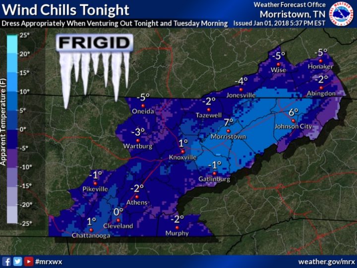 Wind chill advisories are in effect tonight (Monday, Jan. 1, 2018), mainly across the higher elevations. Dress appropriately for the very cold temperatures. (Image courtesy National Weather Service in Morristown)