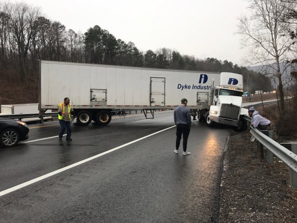 A tractor-trailer jack-knifed on Interstate 40 West at mile marker 349 in Roane County. That roadway is closed, the Tennessee Department of Transportation said. I-40 East at MM 349 has one lane open. Roads are very icy in this area, TDOT said Monday morning, Jan. 8, 2018. The Oak Ridge/Gallaher Road exit is Exit 356. (Photo courtesy TDOT)