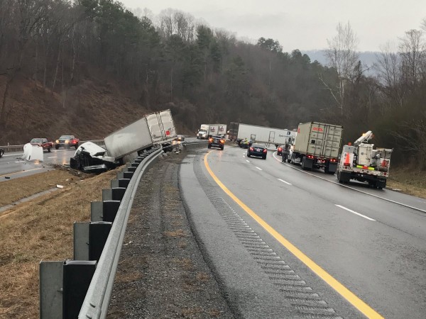 A tractor-trailer jack-knifed on Interstate 40 West at mile marker 349 in Roane County. That roadway is closed, the Tennessee Department of Transportation said. I-40 East at MM 349 has one lane open. Roads are very icy in this area, TDOT said Monday morning, Jan. 8, 2018. The Oak Ridge/Gallaher Road exit is Exit 356. (Photo courtesy TDOT)