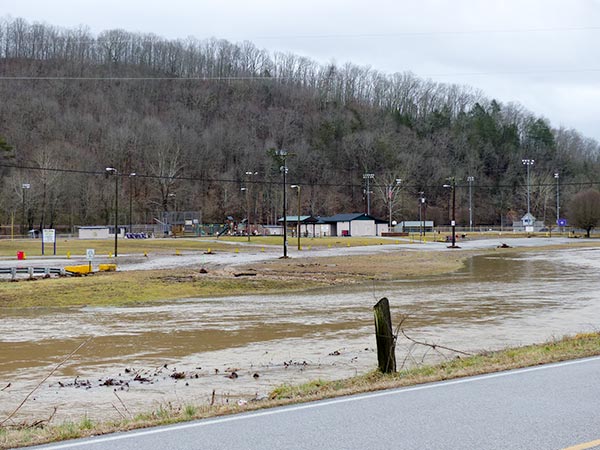Flood waters appeared to have receded from Arrowhead Park in Oliver Springs early Sunday afternoon, Feb. 11, 2018. (Photo by John Huotari/Oak Ridge Today)