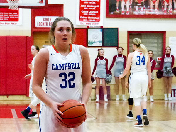 Oak Ridge pulled away from Campbell County in the second half to win its third straight district championship, 60-38, in the girls' basketball tournament at Halls on Saturday, Feb. 17, 2018. Pictured above is junior Skylar Boshears (32) of Campbell County. (Photo by John Huotari/Oak Ridge Today)