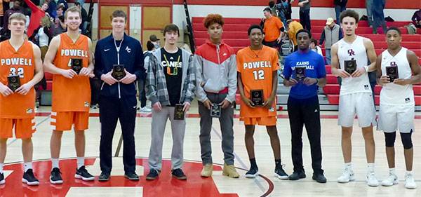 The District 3-AAA Boys All-Tournament Team is pictured above at Halls High School on Saturday, Feb. 17, 2018. Members of the team included Seth Caldwell (4) of Oak Ridge, second from right, and Marcus Smith (2), right. Josh Woods (12) of Powell was named most valuable player. (Photo by John Huotari/Oak Ridge Today)