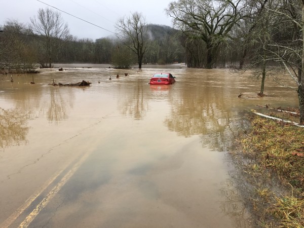A car is stuck in flood water on Mountain Road in Anderson County on Sunday, Feb. 11, 2018. (Photo courtesy Anderson County Sheriff's Department)