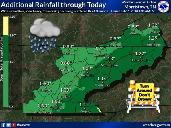 Additional rainfall is expected through Sunday afternoon, Feb. 11, 2018. Please use caution while traveling and allow extra time. Remember, never drive through a flooded roadway. Turn around, don't drown! (Image courtesy National Weather Service in Morristown)