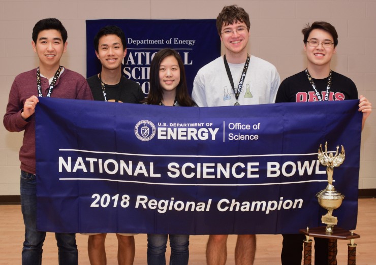 Winning first place in the 2018 Tennessee Science Bowl is an Oak Ridge High School team that is pictured above, from left to right with their trophy: Steven Qu, Henry Shen, Melody Guo, Joe Andress, and Batu Odbadrakh. (Submitted photo)