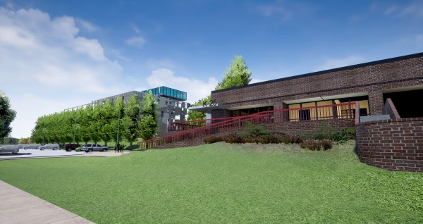 This is a rendering of the exterior of the K-25 History Center, center, on the second floor of Oak Ridge Fire Station Number 4 at East Tennessee Technology Park in west Oak Ridge. Also planned are an Equipment Building and Viewing Tower. (Image courtesy U.S. Department of Energy Oak Ridge Office of Environmental Management)