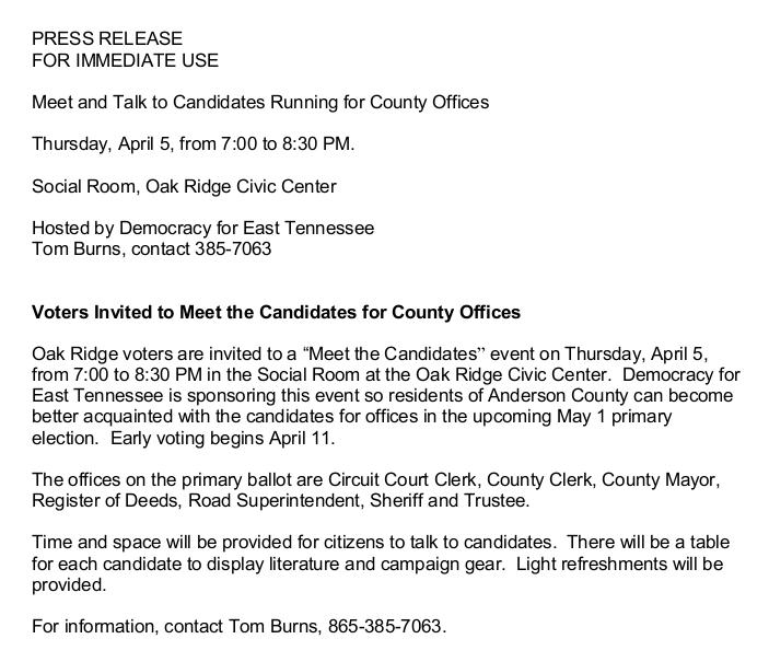 Democracy for East Tennessee April 5 2018 Meet Candidates Event