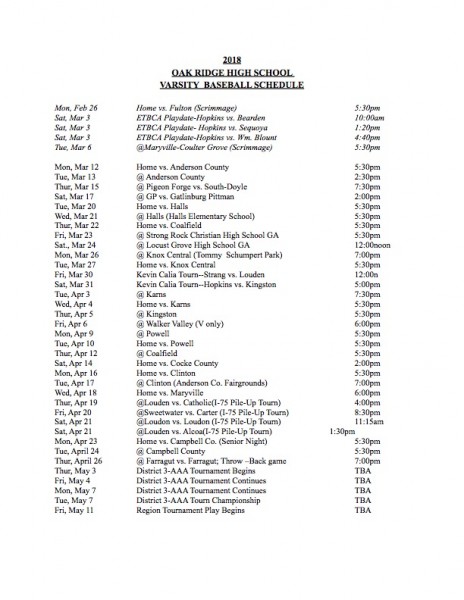 Oak Ridge 2018 Varsity Baseball Schedule