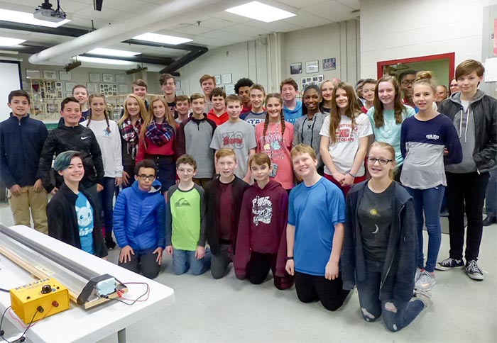 Robertsville Middle School in Oak Ridge is the first middle school to ever be selected for a NASA program that launches small cube-shaped satellites into space. On Friday, March 9, 2018, the $70,000 science project got a $15,000 boost from Oak Ridge National Laboratory. Seventh- and eighth-grade RMS students in "the NASA class" are pictured above. (Photo by John Huotari/Oak Ridge Today)